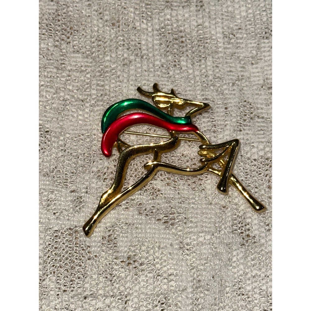Gold Tone Reindeer Brooch Red Green Enamel Christmas Holiday Pin Women‎